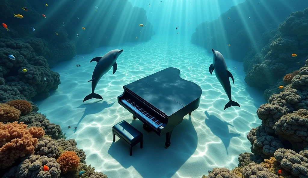 Two dolphins, a sunken ship. A colorful coral reef "A stunning underwater scene featuring a black grand piano resting on a sandy seabed. Several dolphins swim gracefully around the piano. Sunbeams filter through the clear water, creating beautiful patterns on the sand and piano. The overall atmosphere is tranquil and mesmerizing, with the piano standing out against the vibrant blue tones of the ocean. The dolphins are playful and inquisitive, enlivening the serene underwater environment. The image is realistic, capturing fine details of the piano, dolphins and underwater light effects." Tropical fish swim gracefully around colorful coral. Change the composition to a top-down view