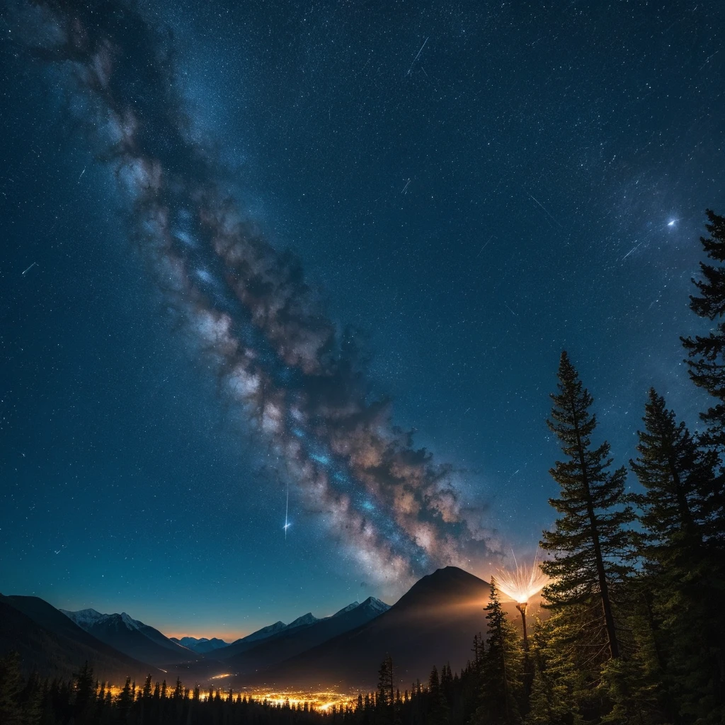 Fireballs streaking across the night sky, The thick forest and the dark mountain