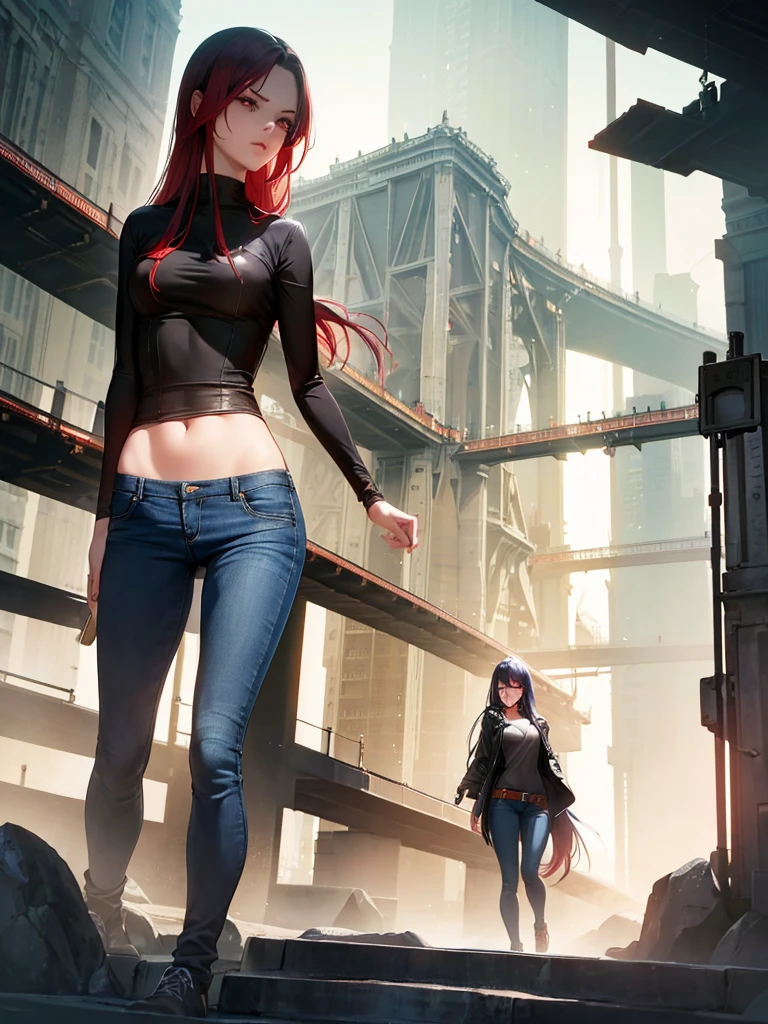 a beautiful young woman with glowing reddish skin, striking red eyes, and long flowing black hair, wearing slim-fit blue jeans, running through a dark, ominous landscape lit by artificial bright lights, attempting to fight and escape from a powerful, shadowy adversary, (best quality,4k,8k,highres,masterpiece:1.2),ultra-detailed,(realistic,photorealistic,photo-realistic:1.37),8 characters, 22 years old, extremely slim, non-roundish heads and faces, colored irises (red, blue), colored hair (red, black, blue, grey, white), slim fit jeans, bright artificial lights, red, black, blue, grey, white colors, non-manga, non-anime