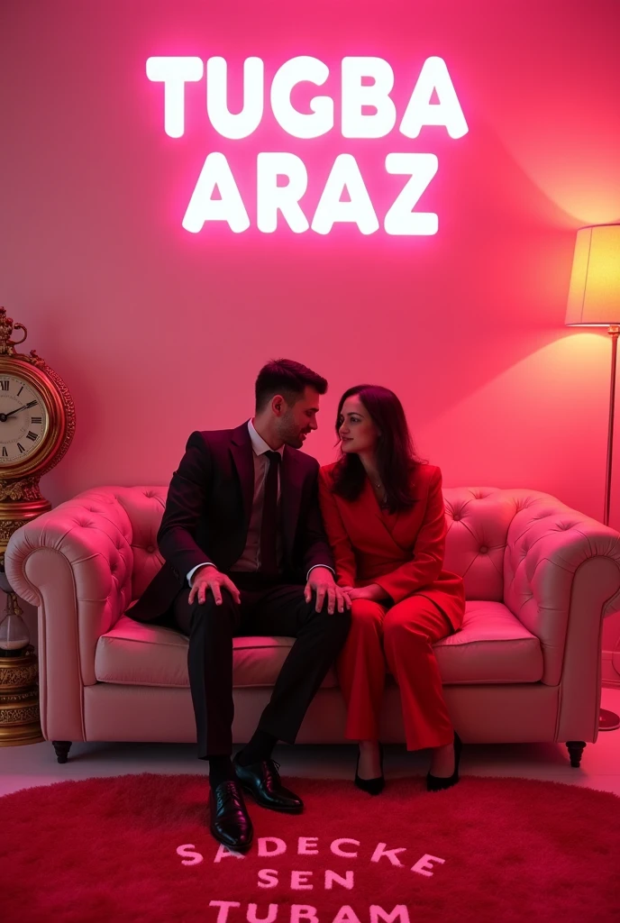 CREATE A ROOM FULL OF LIGHTS THAT REMINDERS A PINK ROOM. LET IT WRITE "TUGBA ARAZ" WITH ITS 3D LOGO. LET A 23-YEAR-OLD MAN AND A GIRL SIT ON THE SEAT, THE GIRL'S DRESS SHOULD BE A RED SUIT, AND THE BOY'S DRESS SHOULD BE A BLACK SUIT. LET THERE BE AN HOURGLASS AND A CLOCK IN THE PHOTO. LET THERE BE A LOVE CARPET ON THE FLOOR AND LET IT WRITE 'SADECE SEN TUBAM'.L