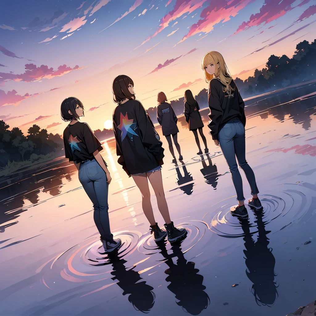 official art, unified 8k wallpaper, super detailed, masterpiece, Best image quality,super wide angle,evening,(four girls are standing side by side:1),black t-shirt and jeans, rock stars, Standing in the pond,water is like a mirror,reflecting the sky。look up to the sky,Colorful sunset,Dynamic angle, grace, bright colors, from behind