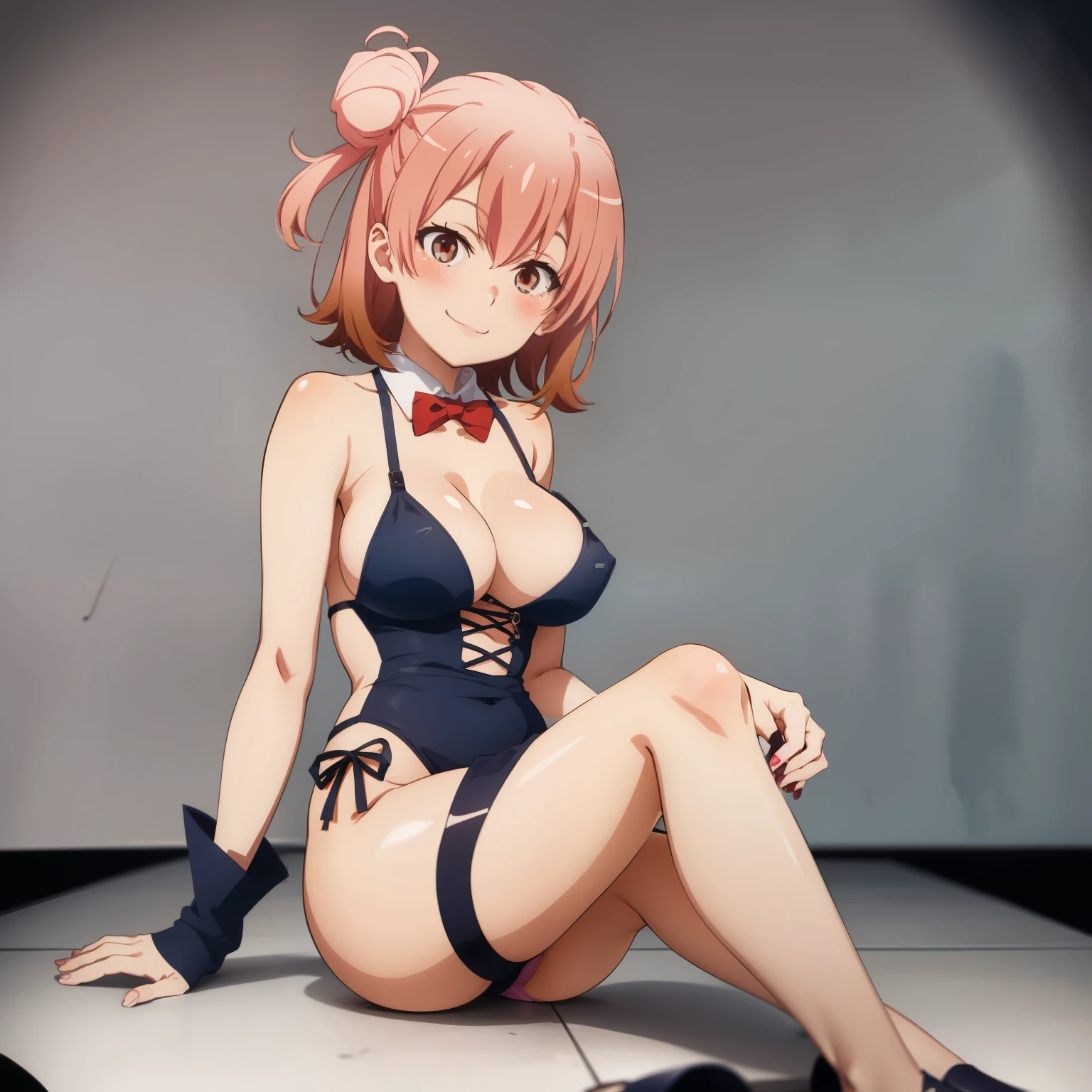 ((masutepiece, Best Quality, hight resolution, nffsw, Perfect Pixel, depth of fields, 4K, )), 1girl in, Solo, , Beautiful anime girl, Beautiful Art Style, Looking at Viewer, Perfect body, Yuigahama Yui, Short hair, single hair bun, pink hair, (large boob), Full face blush, Smile, thighs thighs thighs thighs, navy playboy bunny, red bowtie, white background, sitting on floor, portrait shot, Focus,