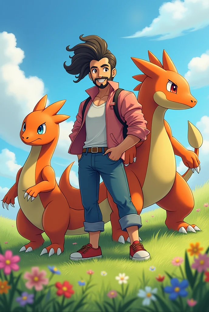 draw a Latin Pokemon trainer with a bun and curly hair, scraped on the side, with beard and mustache, ao lado do pokemon shiny dragonite, do pokemon blaziken