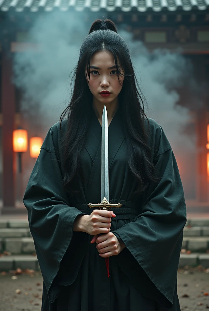 Korean sexy very beautiful woman, cutting throat of a boy ninja blindfold, sadistic bloody throat