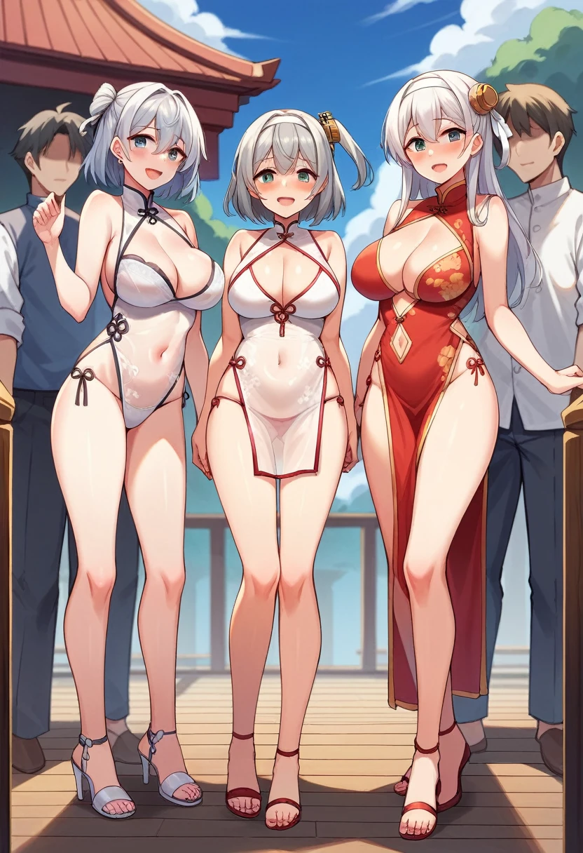 suzutsuki (kancolle), long hair, breasts, looking at viewer, blush, smile, short hair, open mouth, multiple girls, large breasts, 1boy, dress, navel, cleavage, underwear, standing, full body, white hair, hetero, grey hair, alternate costume, high heels, see-through, grey eyes, 4girls, headband, one side up, chinese clothes, sandals, lingerie, revealing clothes, china dress, toenails, white hairband, toenail polish, white bodysuit, white headband