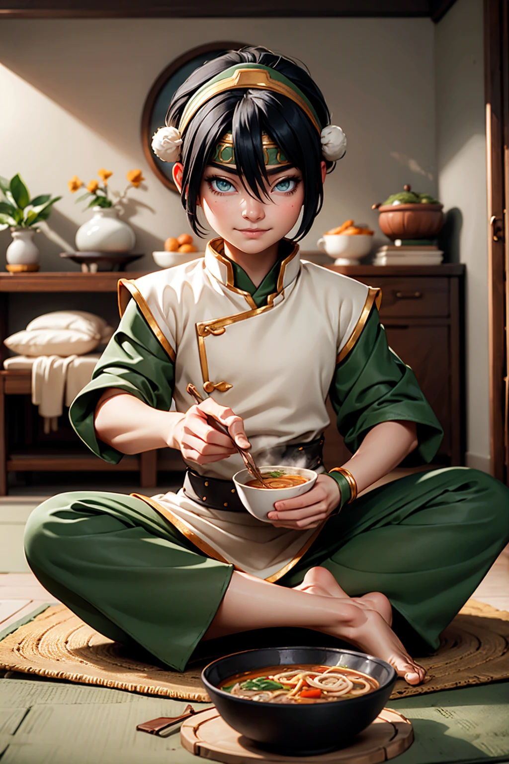 toph bei fong, short black hair, white eyes, headband,hair ornament, blind, green chinese clothes, tunic, bracers, pants, barefoot, serious, smirk, sitting, on floor, holding bowl of soup, ramen, inside living room, soft lighting, high quality, masterpiece, 
 