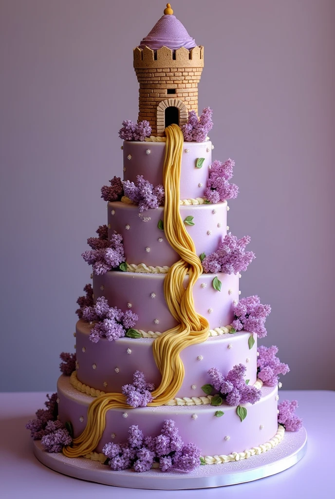 I need you to make a 5-tier cake with Rapunzel's tower on top and thick braids of Rapunzel's hair around the cake, flowers in purple lilac.  
