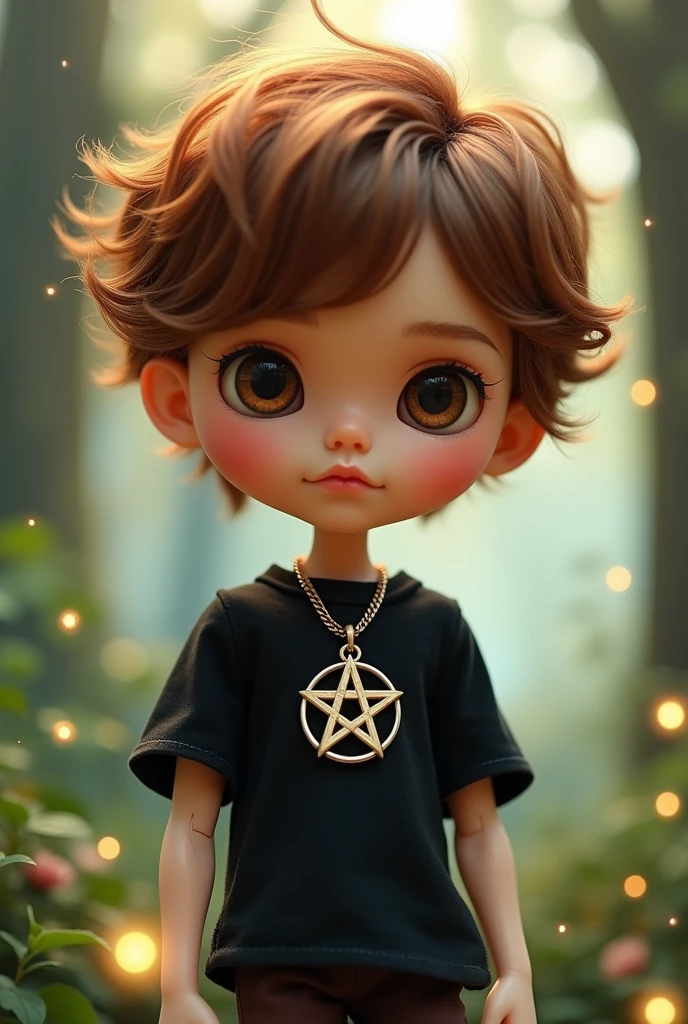 Blythe doll boy brown-copper hair, brown eyes, curly hair, pentagram necklace, black shirt, Bangs covering his forehead