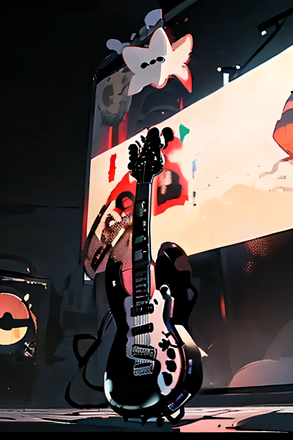 (((masterpiece))),best quality,solo,(1 girl),small ???,smile,outdoor,blond hair,shot hair,hairbow,eye color is cosmic,big eyes,at noisy city,(playing the guiter:1.6),jump high,full body,((pale skin,extremy white skin,glossy body)),punk rock costume,outside,night