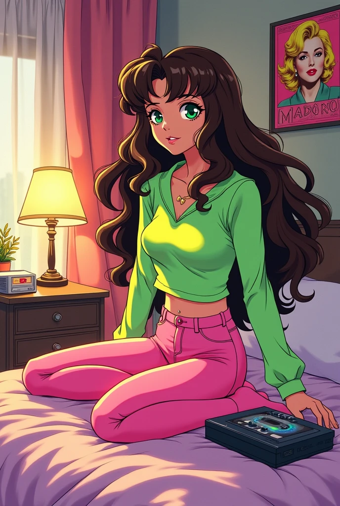 Full body illustration, beautiful female Makoto Kino from Sailor Jupiter, green eyes brown hair, wearing 80's outfit with pink leggings and an iridescent fluorescent psychedelic green blouse, pink earrings, psychedelic 1980's era Nike sneakers. Listening to music from a retro tape recorder in her room on her bed. poster from Madonna. Manga art by Naoko Takeuchi and TOEI ANIMATION Studio, retro 90's style. High resolution. Vibrant colors.