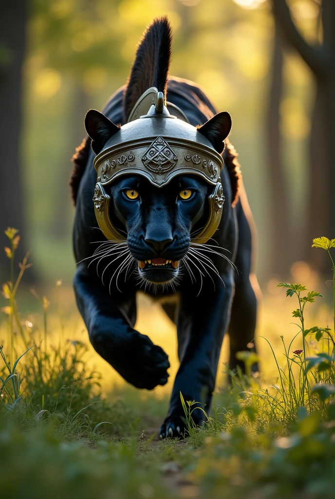 Panther with a scar on its eye hunting its prey wearing a Roman helmet