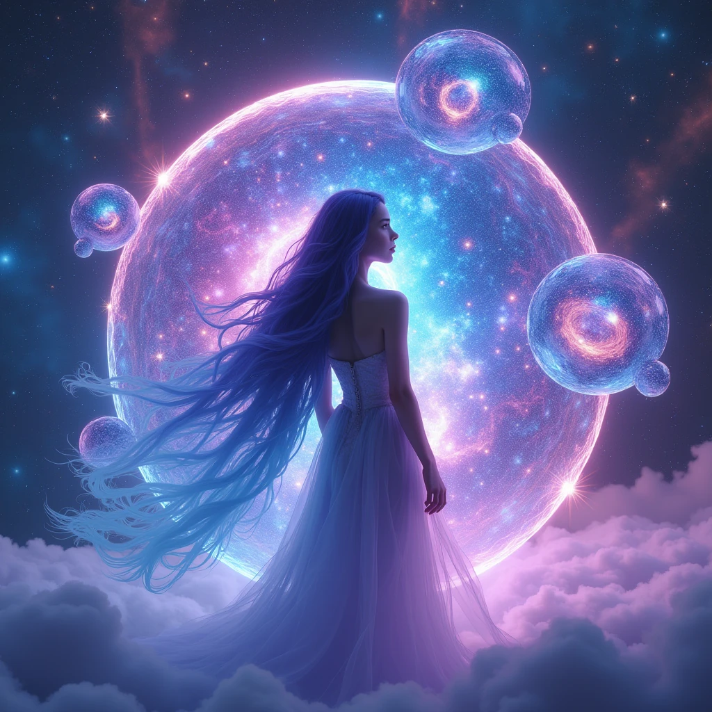 a beautiful detailed girl with long glowing hair,multiple nested bubbles and universes,intricate spherical multiverse,highly detailed cosmic landscape,hyperrealistic,cinematic lighting,vibrant neon colors,8k,photorealistic,dramatic volumetric lighting,ethereal,surreal,dreamlike,epic scale,mesmerizing
