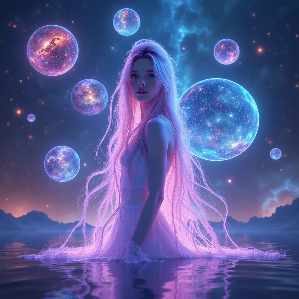 a beautiful detailed girl with long glowing hair,multiple nested bubbles and universes,intricate spherical multiverse,highly detailed cosmic landscape,hyperrealistic,cinematic lighting,vibrant neon colors,8k,photorealistic,dramatic volumetric lighting,ethereal,surreal,dreamlike,epic scale,mesmerizing