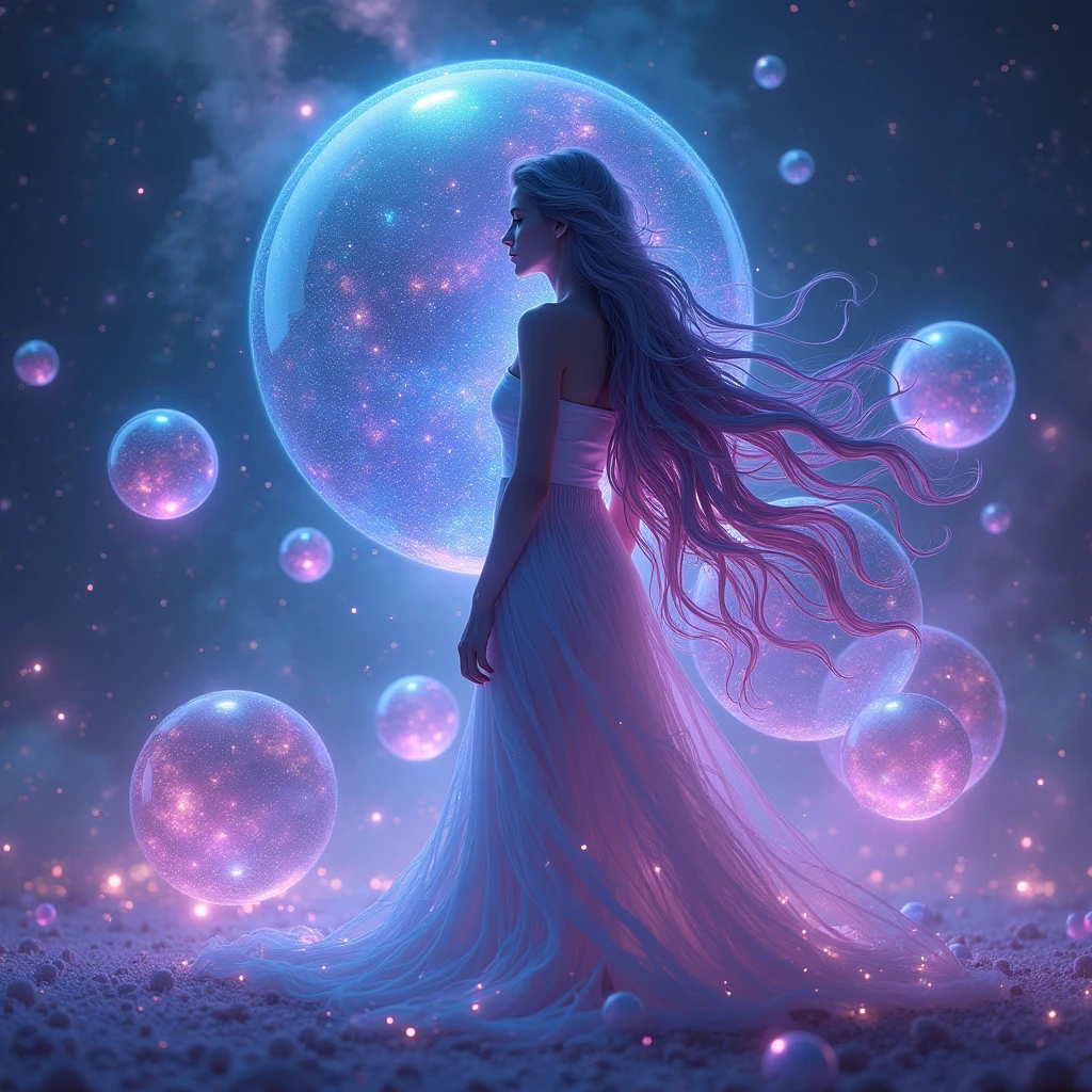 a beautiful detailed girl with long glowing hair,multiple nested bubbles and universes,intricate spherical multiverse,highly detailed cosmic landscape,hyperrealistic,cinematic lighting,vibrant neon colors,8k,photorealistic,dramatic volumetric lighting,ethereal,surreal,dreamlike,epic scale,mesmerizing