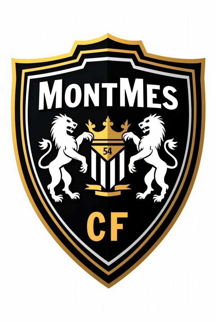 A football shield,The logo is black with white and gold details,it has Montmés CF written on it,it has lions,the background is white to convert to png