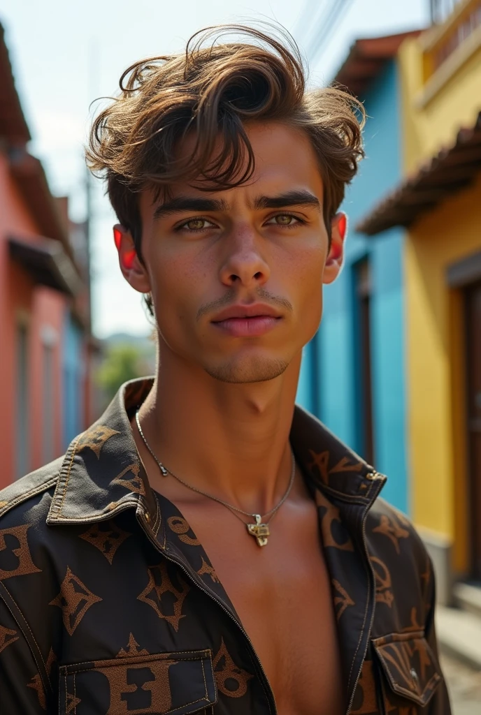 Man, beautiful, attractive face, hazel eyes, perfect jaw and chin, muscular, defined, attractive body , Louis Vuitton shirt jacket, rebellious brown hair, sun-burnt , in the Brazilian favela , with houses from Brazil , beautiful boy