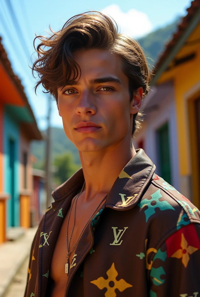 Man, beautiful, attractive face, hazel eyes, perfect jaw and chin, muscular, defined, attractive body , Louis Vuitton shirt jacket, rebellious brown hair, sun-burnt , in the Brazilian favela , with houses from Brazil  , beautiful boy 