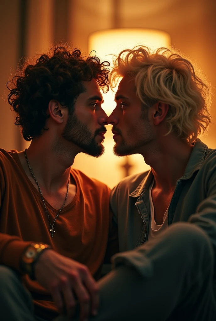 The poster shows Saturn(brown with curly hair) And Neptune (offwhite, of wavy hair), are men, (people) In an intimate moment. In a room with soft, warm lighting, the two are seated facing each other, almost touching lips. Saturn has an unconventional appearance, with large eyes and an expression of vulnerability. His hair is messy and he wears simple clothes, reflecting a reserved personality. Neptune is charming and confident, with well-groomed hair and modern clothes. His expression indicates discovery and involvement. The soft light highlights their expressions and creates a welcoming atmosphere, while the blurred background keeps the focus on the emotional connection between the two.