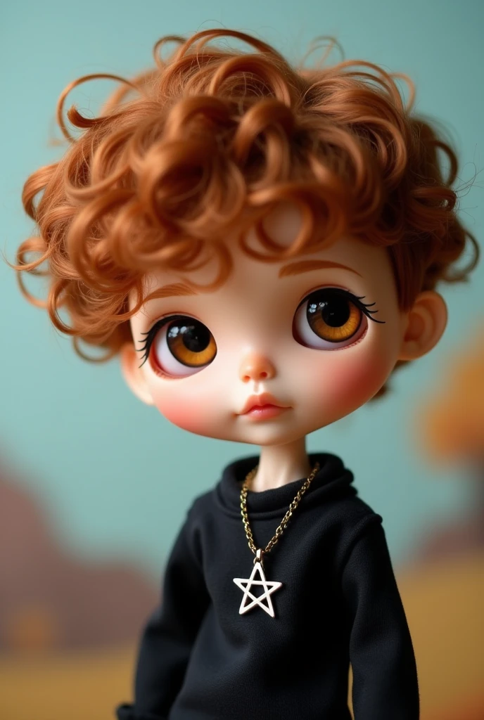 Blythe doll boy brown-copper hair, brown eyes, curly hair, pentagram necklace, black shirt, Bangs covering his forehead
