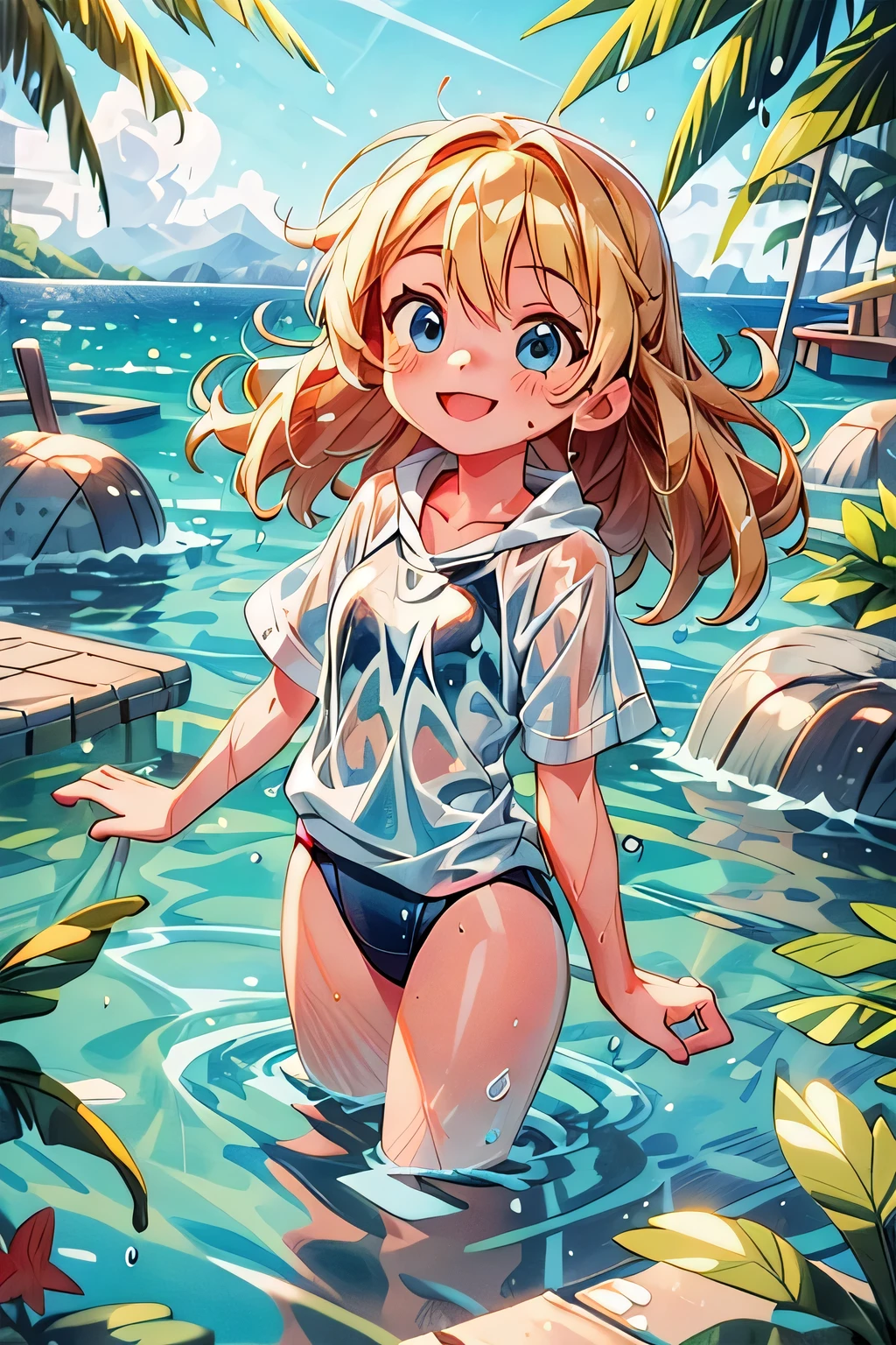 (((masterpiece))),best quality,girl,smile face,outdoor, floating blond hair,blue eyes,very good day,having fun,at the sea,swim wear,solo,sunshine,wet hair,wet body,resort,eyes are shining,