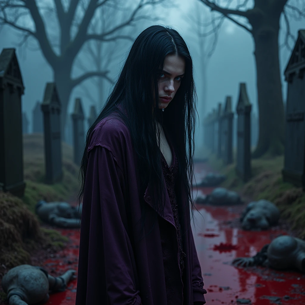 Male, 19-year-old, long black hair, teal blue eyes, gothic clothes. delicate features, no facial hair, no body hair, white and pale. Blood pouring down. Purple and black. No facial hair. Man. Male. No body or facial hair. Young male. Male. Raining blood from the sky. Scary atmosphere. Dark. In a graveyard. Raining blood from the sky. Raining blood. Midnight. Bloody. Raining blood. Red. Tired and unhappy expression. Sinking in the blood. Ghosts and corpses everywhere. (((Very dark))) Red sky. Blood pouring down from the sky. (((Scary.)))) Despair.