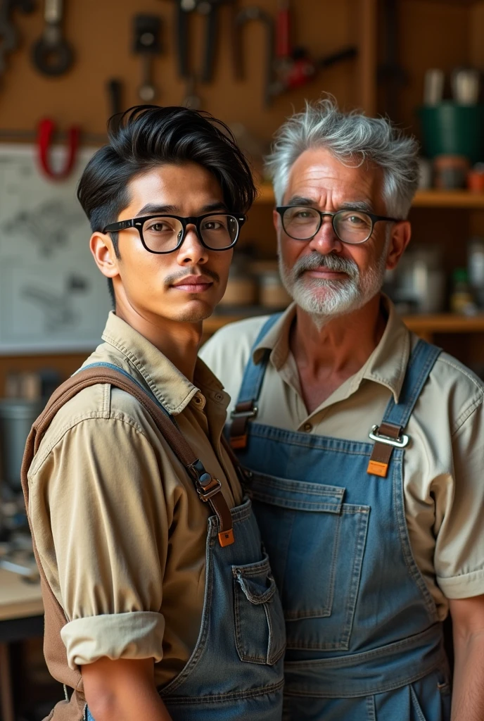 Create a photo of a young man with slanted eyes, yellow skin, black hair, and glasses, with various functions.,mechanic,carpenter,bricklayer a famous handyman a thousand gadgets being exploited by his father wearing black framed glasses and transparent lenses short wavy hair 