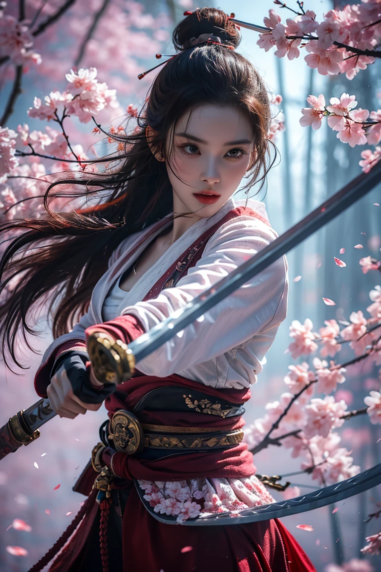 Upper Body,Blade to the side,Striking posture,Blade down,Right hand blade,Cherry blossoms,, (masterpiece, best quality, high quality, High resolution, Super detailed),