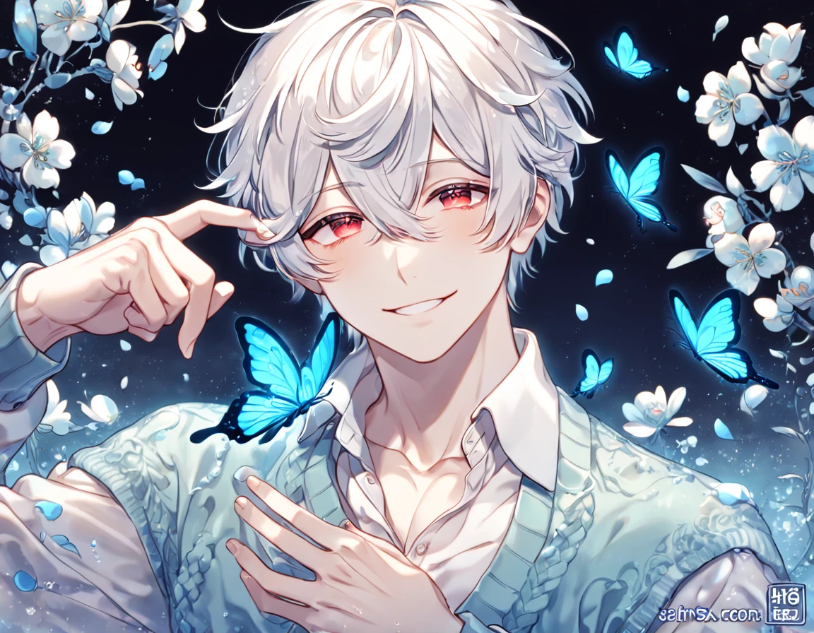 absurdres, highres, ultra detailed, HDR, master piece, best quality, extremely detailed, Shion, white hair, hair between the eyes, expressive red eyes, NO.6, solo, sexy man, handsome, handsome smile, sensual, horny, white collared shirt, light turquoise sweater, fantasy, magical, blue moon, blue flowers, blue butterflies, blue petals, blossoms, water
