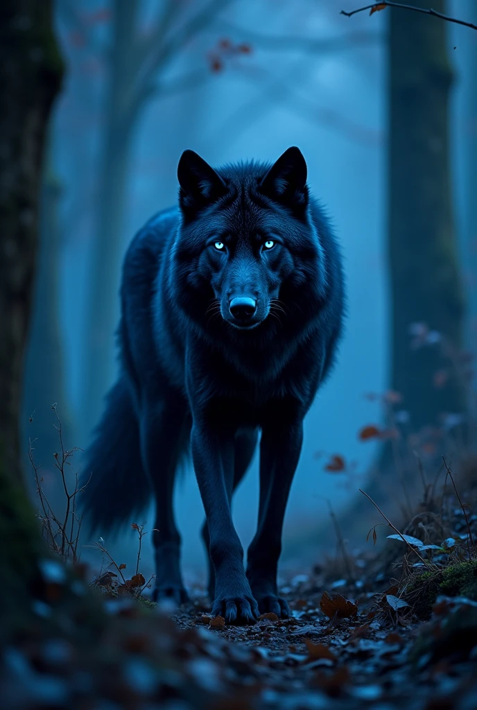 Shadow wolf with dark blue eyes