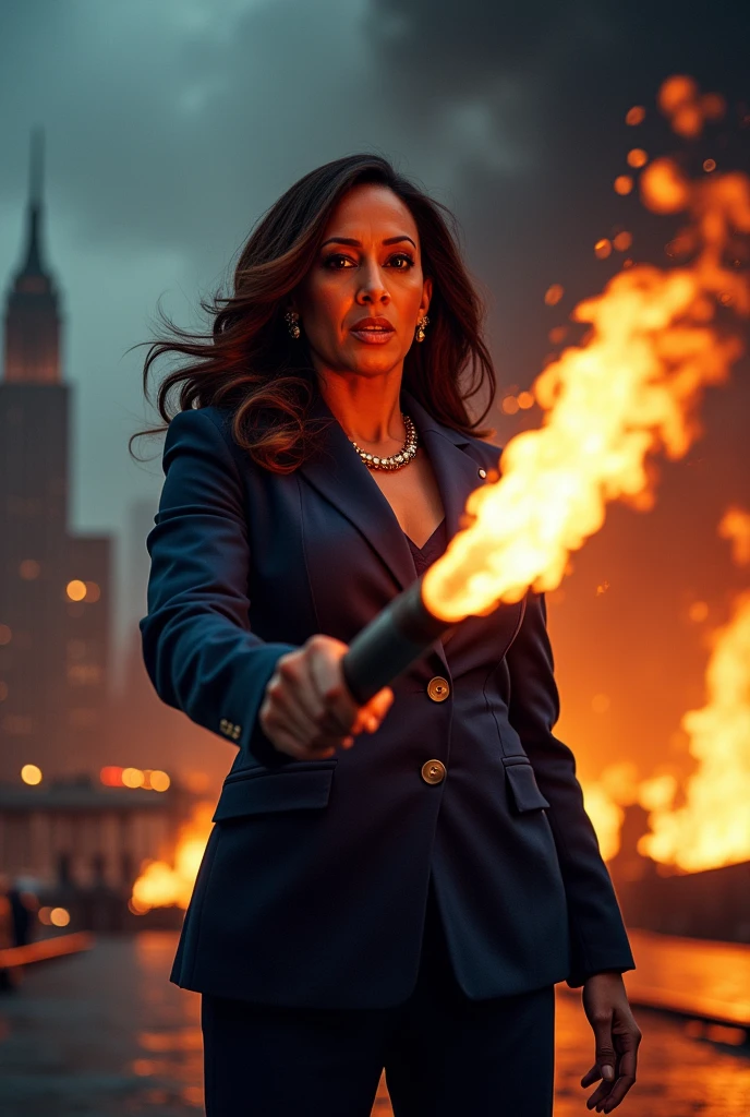 Photorealistic Kamala harris setting America on fire with a blowtorch 