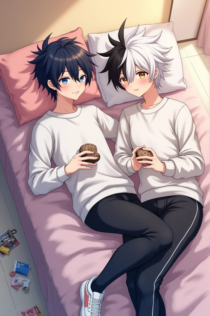 Make two anime boys,one of them with white hair with a black strand that has bangs,The other one with black hair,blue colored eyes,dressed in a white sweatshirt and black leggings on a bed