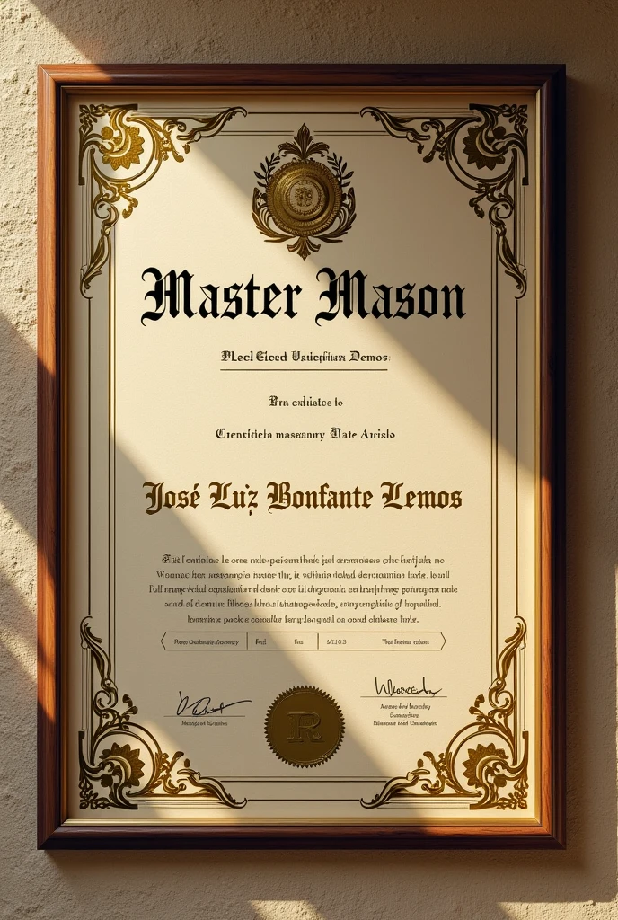 Master mason diploma of José Luiz Bonfante Lemos , frontal image 
