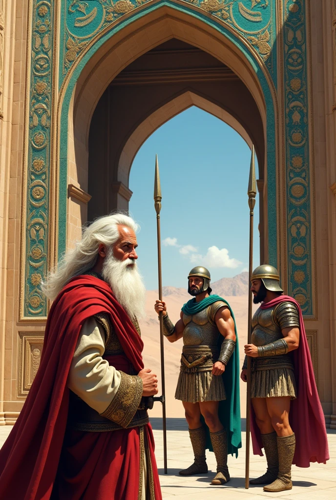 Create an image for me of a bearded Hebrew man with white beard in front of the gate of the Persian palace and two Persian soldiers talking in the background. Add spears in the hands of the soldiers. Add typical Persian figures with vibrant colors to the palace gate.