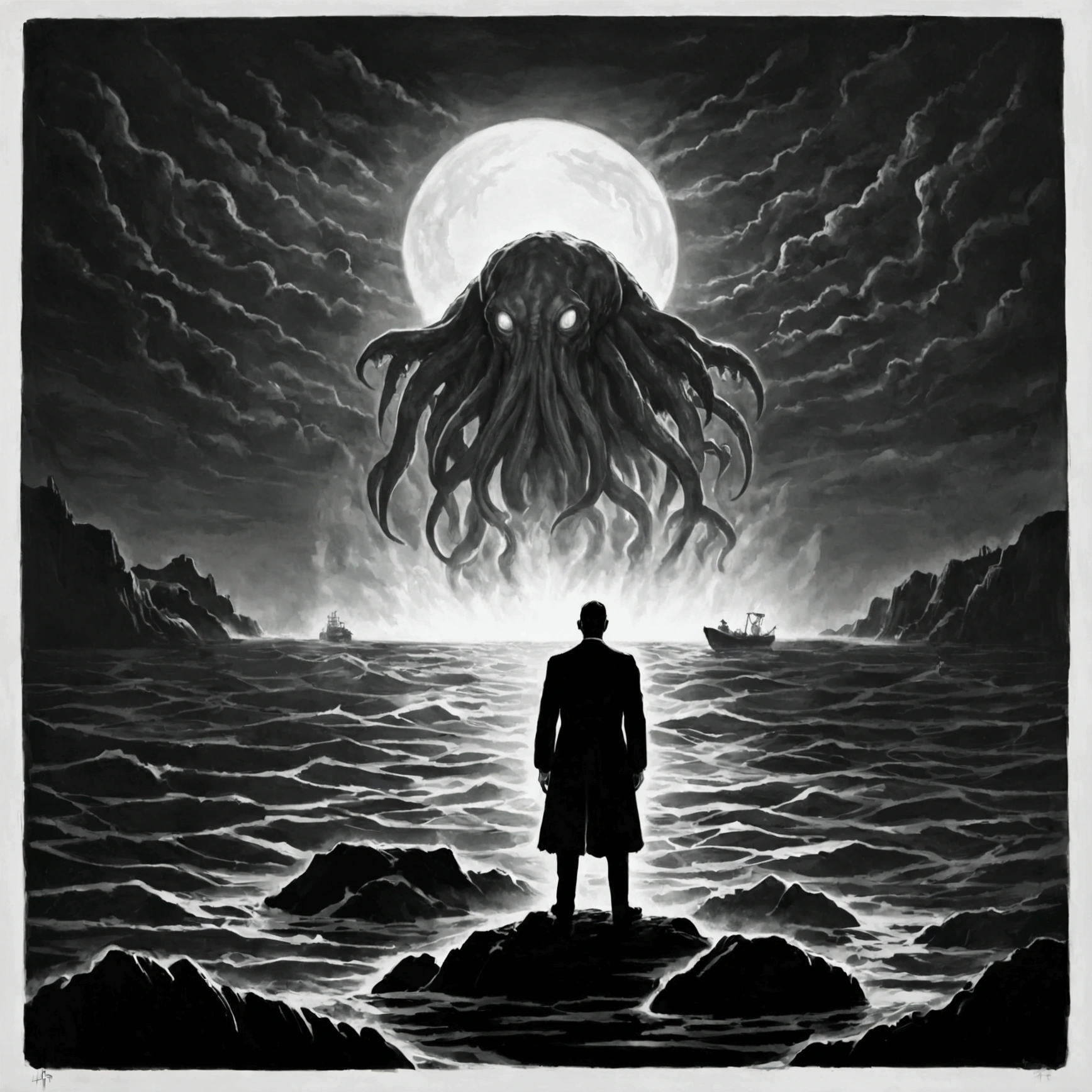 cthulhu lovecraft ,cthulhu, lovecraft ,Work by HP Lovecraft , dark ocean, ghostly harbour Terror, man standing in ocean staring up at cthulu, haze, haze, fear ,frightful , dramatic lighting , cinematic lighthing, black and white, square logo, animated cartoon style - all of this on a diamond shape with white background