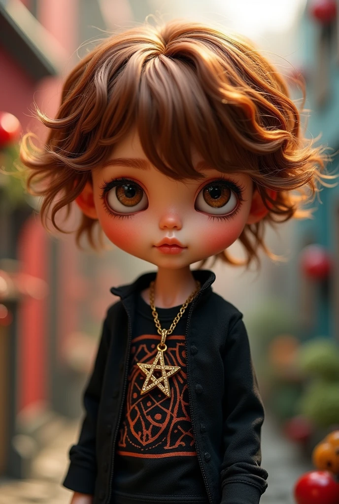Blythe doll boy brown-copper hair, brown eyes, wavy hair, pentagram necklace, black shirt, Bangs covering his forehead