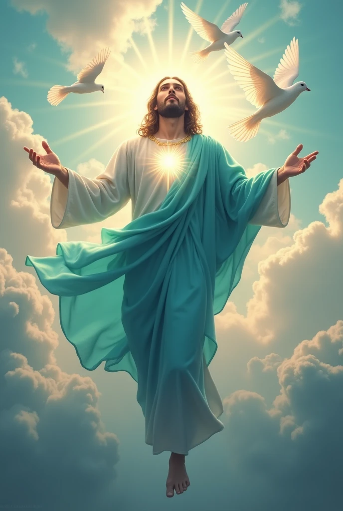 (photorealism:1.2), handsome Jesus Christ, depicting a figure of handsome Jesus Christ ascending to heaven that full of clouds and sorrounded of light at the center, wearing the aqua blue of the king clothes with light in his head and heart spreading all over, perfect five finger, handsome hair, outdoors, soft lighting, clouds and many dove in the background, beautiful sunlight, paradise of clouds, relaxed pose, realistic, intricate details, bright colors,