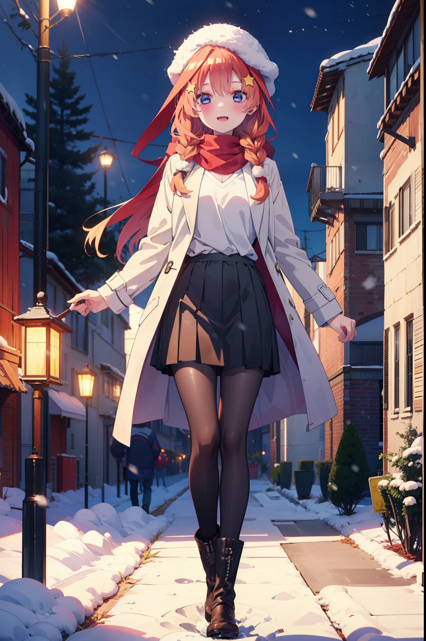 itsukinakano, Itsuki Nakano, bangs, blue eyes, Hair between the eyes, Ahoge, Redhead, star \(symbol\), hair ornaments, star hair ornaments,smile,Open your mouth,White Breath,blush,Long, thick braids,Knitted hat,White scarf,Red long coat,V-neck sweater,Black long skirt,Red pantyhose,short boots,snowが降っている,snowが積もっている,snow,snow,snow,snow,Walking,whole bodyがイラストに入るように,night,
break outdoors,Residential Street,
break looking at viewer, whole body,
break (masterpiece:1.2), Highest quality, High resolution, unity 8k wallpaper, (figure:0.8), (Beautiful attention to detail:1.6), Highly detailed face, Perfect lighting, Highly detailed CG, (Perfect hands, Perfect Anatomy),