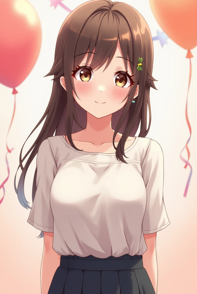 Anime girl age 30 happy birthday area is very serious it's not smiling he is eyes is very tired and he is smile rudely but he is blushing he saying your birthday on 19 August art stylish very serious But the atmosphere should be a little simple and there should not be too much decoration in it.