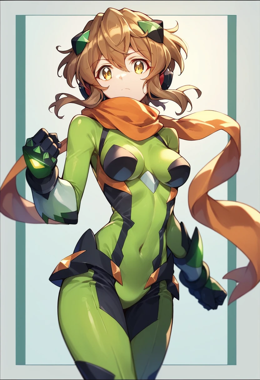 tachibana hibiki (symphogear), 1girl, solo, breasts, looking at viewer, short hair, brown hair, hair ornament, gloves, navel, yellow eyes, scarf, bodysuit, glowing, headgear, headphones, border, gauntlets, clenched hand, black border