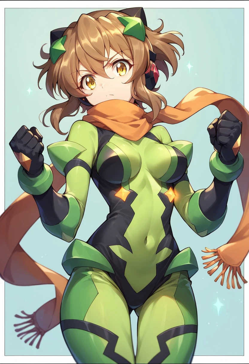 tachibana hibiki (symphogear), 1girl, solo, breasts, looking at viewer, short hair, brown hair, hair ornament, gloves, navel, yellow eyes, scarf, bodysuit, glowing, headgear, headphones, border, gauntlets, clenched hand, black border