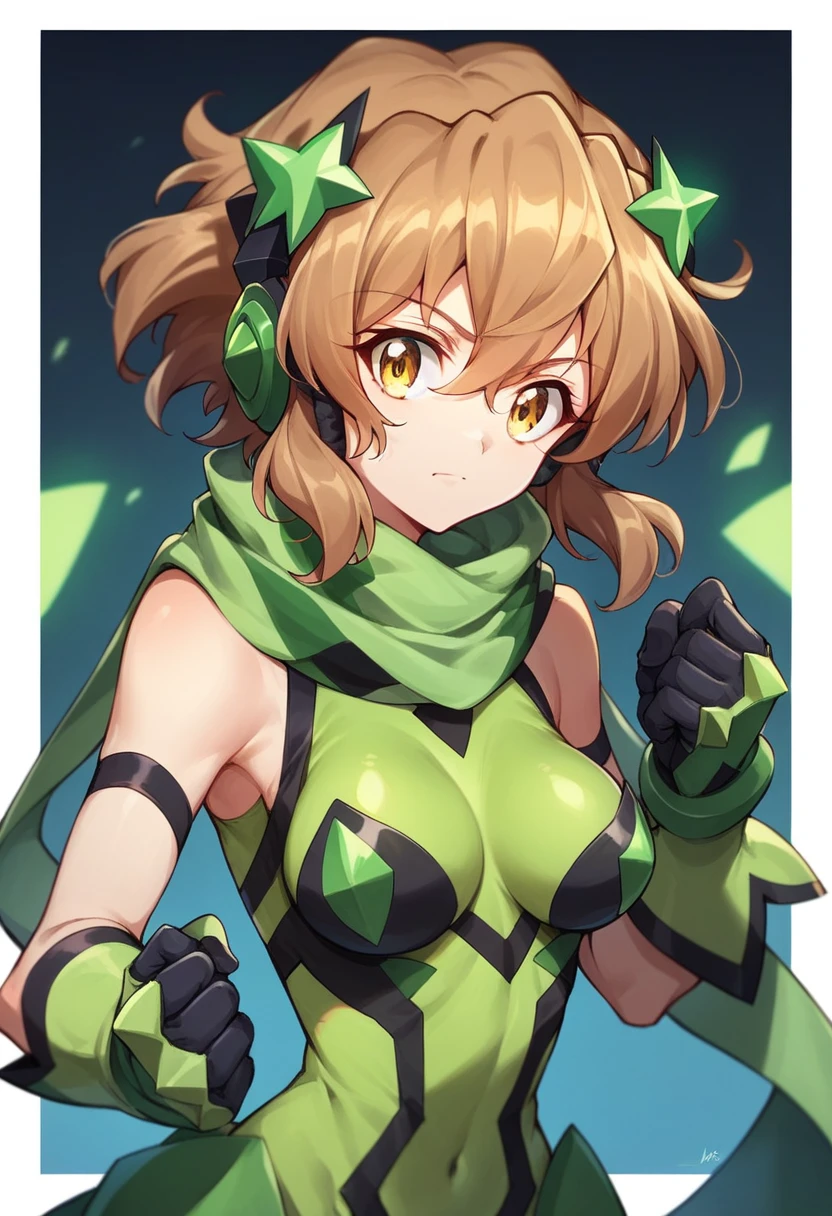 tachibana hibiki (symphogear), 1girl, solo, breasts, looking at viewer, short hair, brown hair, hair ornament, gloves, navel, yellow eyes, scarf, bodysuit, glowing, headgear, headphones, border, gauntlets, clenched hand, black border