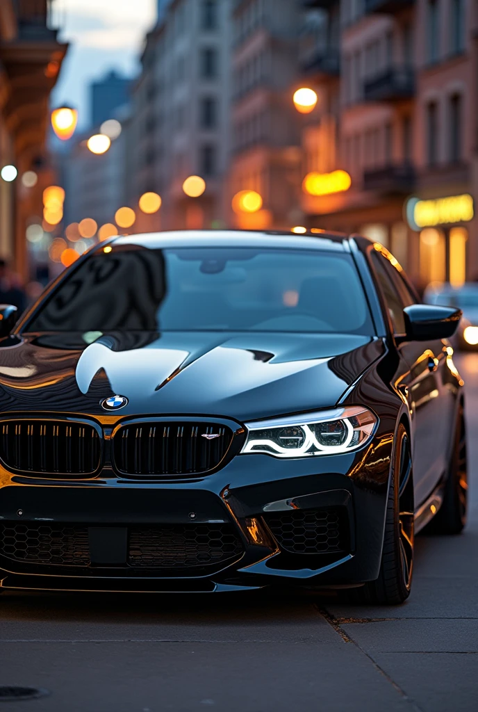 A BMW M5 CS with a custom paint job, dark black with golden details
