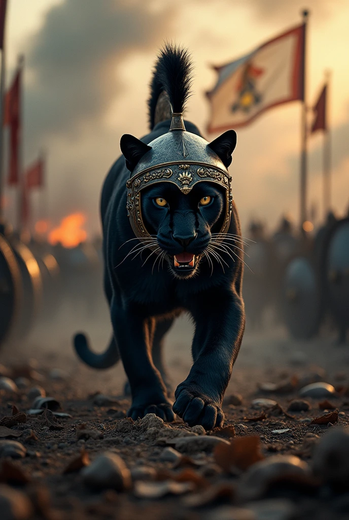 Panther in the midst of war hunting with a Roman helmet