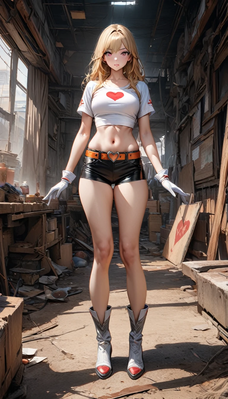  young woman, Super Heroine, Tall posture, (hair (blonde, straight, chest)), (White tight shirt (Crop top, Scoop neck, Short sleeve)), Navel exposed, Black leather shorts, Small white boots, A large orange belt with a red heart-shaped buckle, Small white gloves, standing up straight, Full body image (Ultra-high resolution, Ultra-realistic, Very detailed, masterpiece, Highest quality).