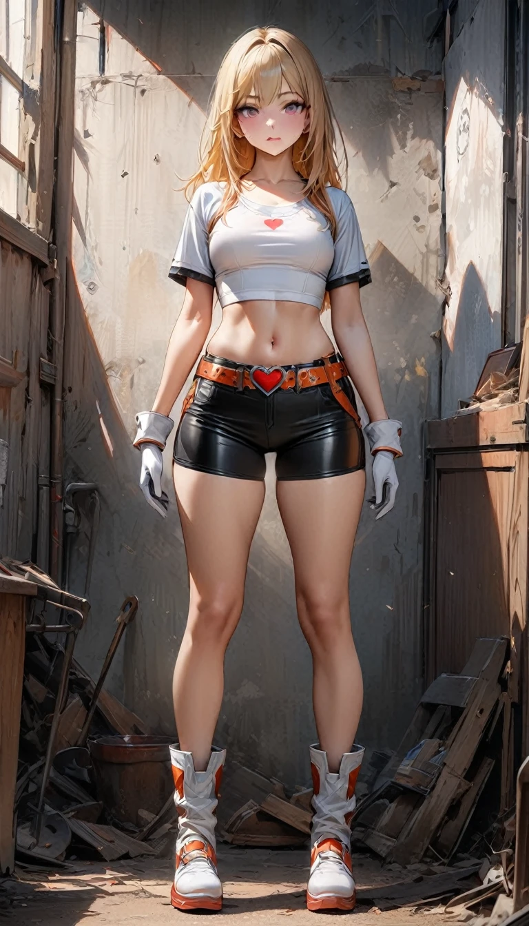 young woman, Super Heroine, Tall posture, (hair (blonde, straight, chest)), (White tight shirt (Crop top, Scoop neck, Short sleeve)), Navel exposed, Black leather shorts, Small white boots, A large orange belt with a red heart-shaped buckle, Small white gloves, standing up straight, Full body image (Ultra-high resolution, Ultra-realistic, Very detailed, masterpiece, Highest quality).