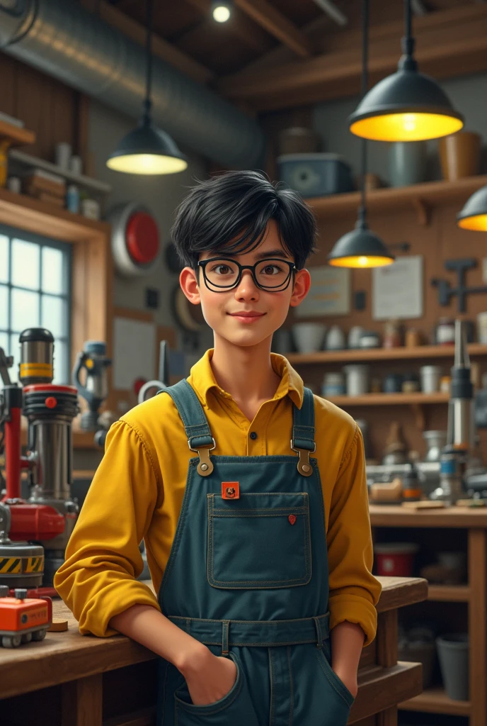 Create a photo of a young man with slanted eyes, yellow skin, black hair, and glasses, with various functions.,mechanic,carpenter,bricklayer a famous handyman a thousand gadgets being exploited by his father wearing black framed glasses and transparent lenses short wavy hair 