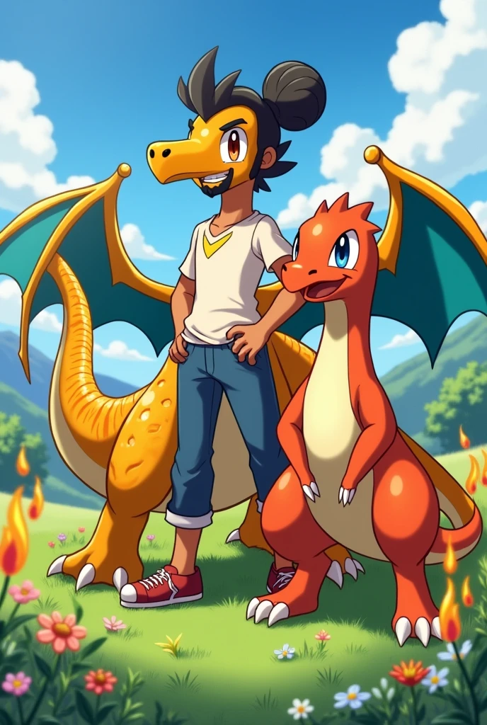 draw a Latin Pokemon trainer with a bun and curly hair, scraped on the side, with beard and mustache, ao lado do pokemon shiny dragonite, do pokemon blaziken
