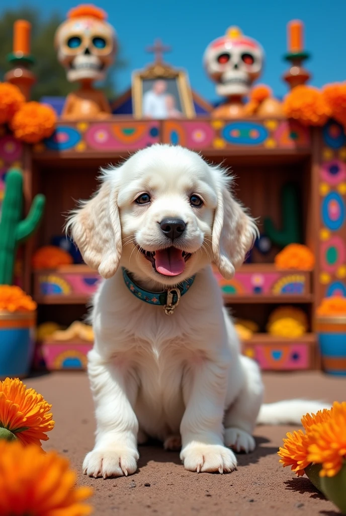 White cocker spaniel puppy with Mexican Day of the Dead coffee painted with bones