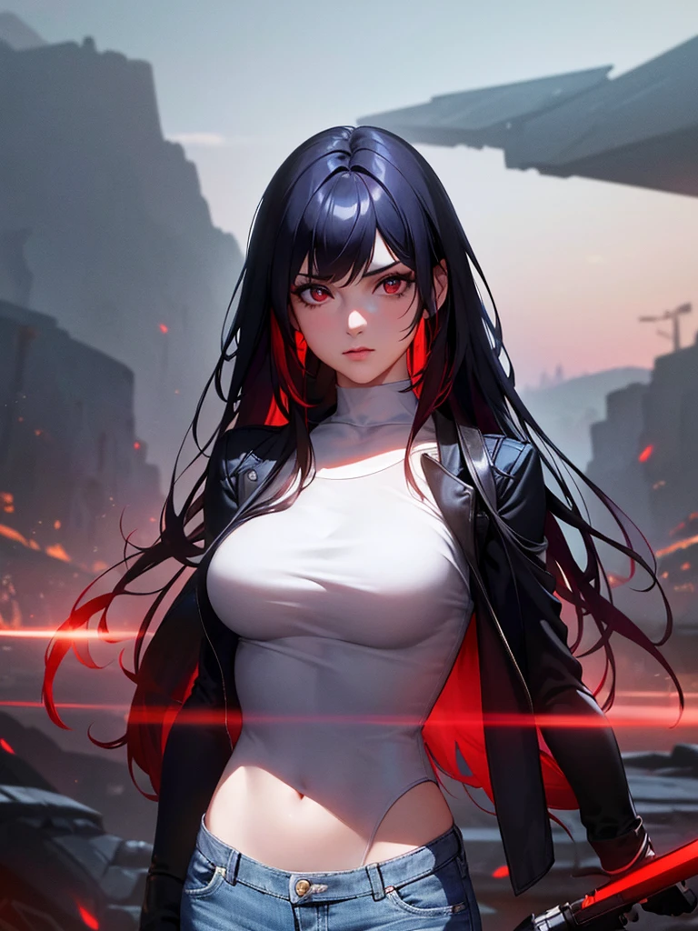 in the lower right corner there are eight girls with pistols. a beautiful 8 young woman with glowing reddish skin, striking red eyes, and long flowing black hair, wearing slim-fit blue jeans, running through a dark, ominous landscape lit by artificial bright lights, attempting to fight and escape from a powerful, shadowy adversary, (best quality,4k,8k,highres,masterpiece:1.2),ultra-detailed,(realistic,photorealistic,photo-realistic:1.37),8 characters, 22 years old, extremely slim, non-roundish heads and faces, colored irises (red, blue), colored hair (red, black, blue, grey, white), slim fit jeans, bright artificial lights, red, black, blue, grey, white colors, non-manga, non-anime