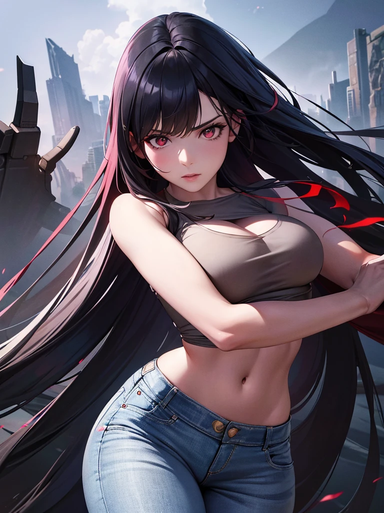 in the lower right corner there are eight girls with pistols. a beautiful 8 young woman with glowing reddish skin, striking red eyes, and long flowing black hair, wearing slim-fit blue jeans, running through a dark, ominous landscape lit by artificial bright lights, attempting to fight and escape from a powerful, shadowy adversary, (best quality,4k,8k,highres,masterpiece:1.2),ultra-detailed,(realistic,photorealistic,photo-realistic:1.37),8 characters, 22 years old, extremely slim, non-roundish heads and faces, colored irises (red, blue), colored hair (red, black, blue, grey, white), slim fit jeans, bright artificial lights, red, black, blue, grey, white colors, non-manga, non-anime